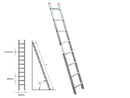 Aluminum single-sided ladder STS 1x14 with dimensions, professional design, and EN 131 certification.