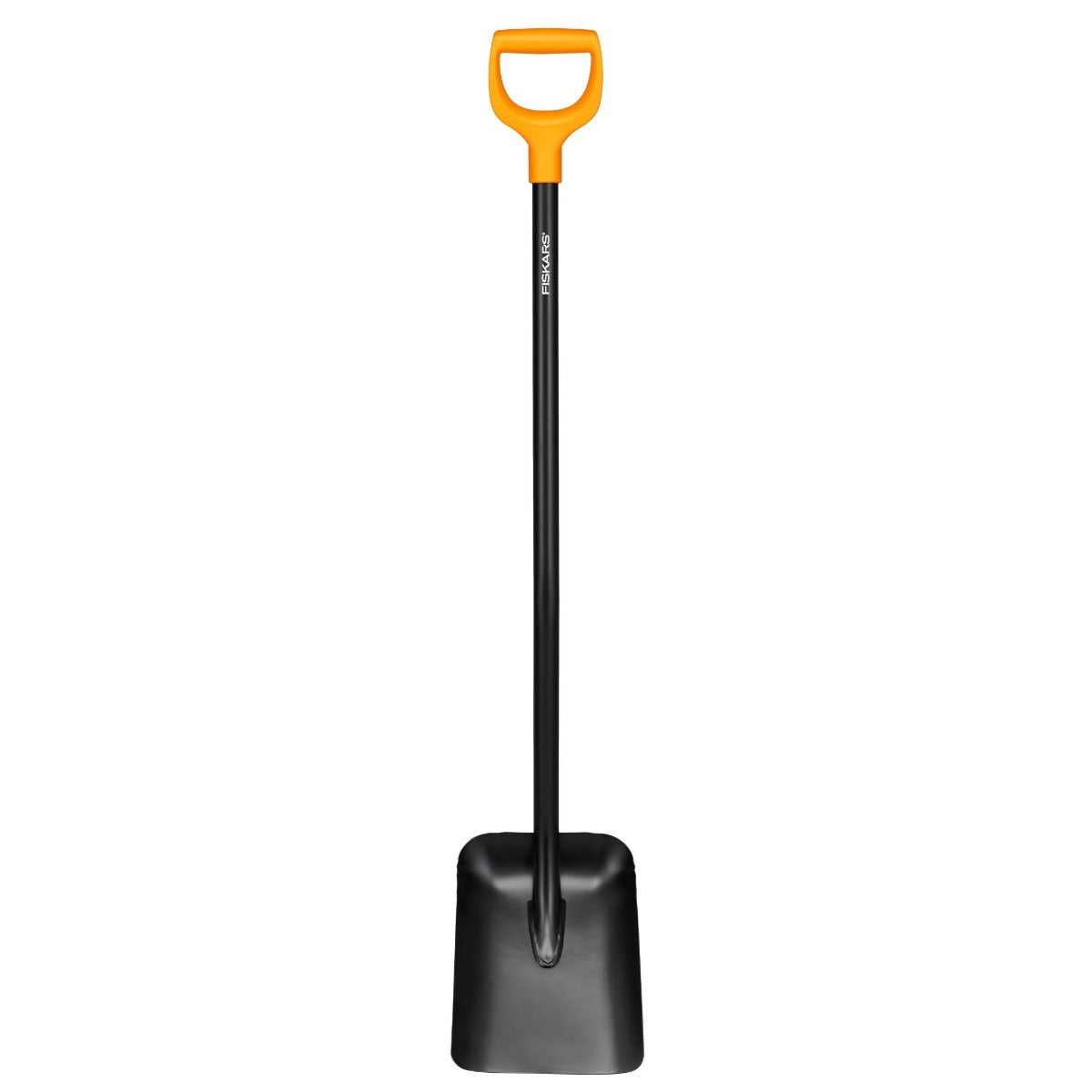 Alt Tag: Лопата за насипни материали Fiskars Solid™ с широка черна глава, дълга стоманена дръжка и оранжева D-образна ръкохватка