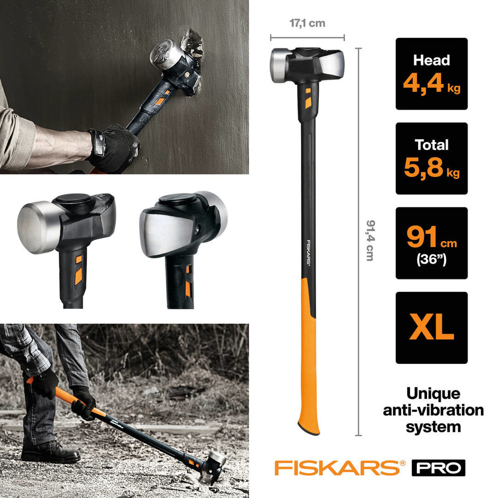 Чук за разбиване и къртене Fiskars IsoCore™ 5.76 kg размер XL - изображение на XL IsoCore чук с дълга дръжка, антивибрационна система и детайли на главата