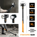 Чук за разбиване и къртене Fiskars IsoCore™ 5.76 kg размер XL - изображение на XL IsoCore чук с дълга дръжка, антивибрационна система и детайли на главата