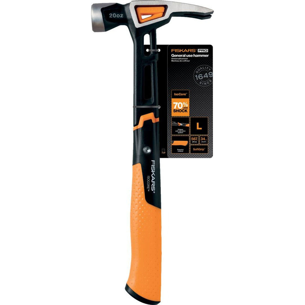 Alt Tag: Универсален чук Fiskars IsoCore™ размер L с оранжева дръжка и патентована система за намаляване на вибрациите