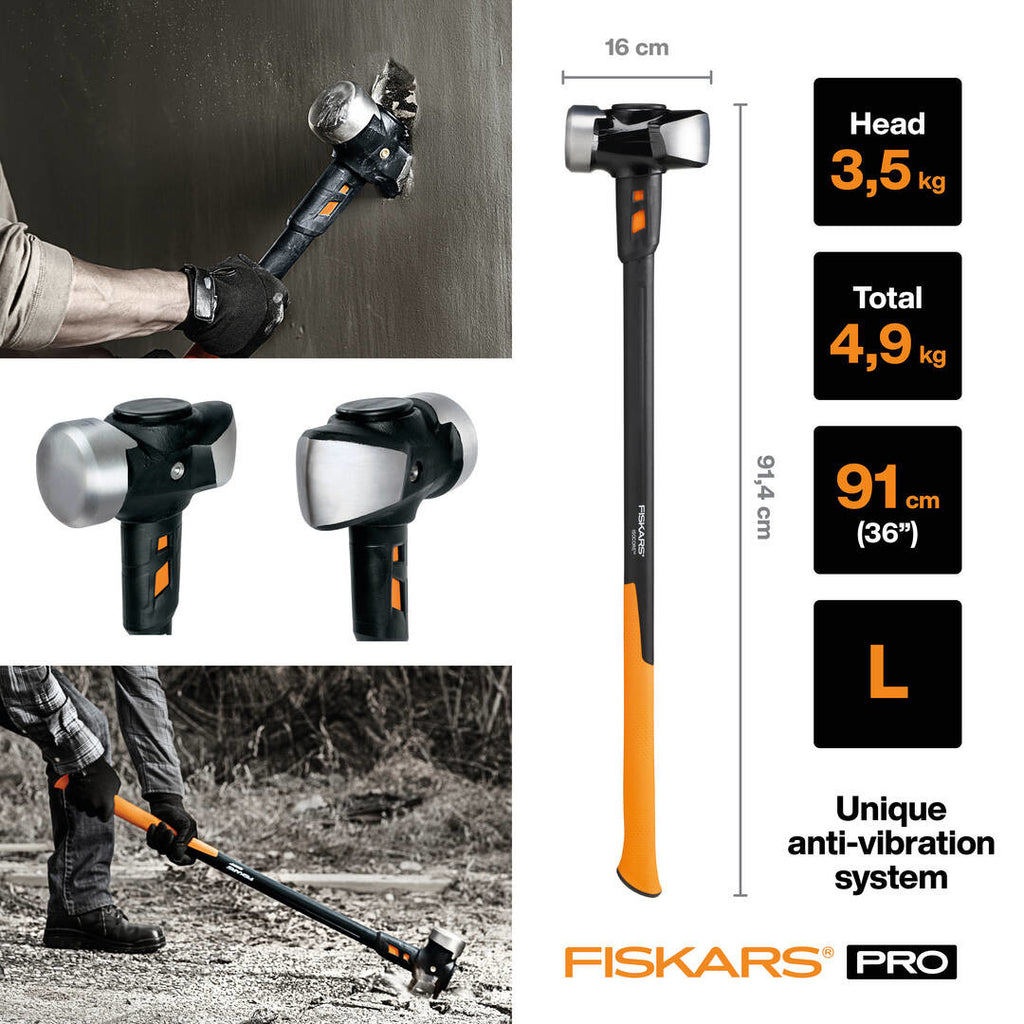 Чук за разбиване и къртене Fiskars IsoCore™ 4.76 kg размер L с антивибрационна дръжка и клиновидна закалена глава, показан в употреба и технически размери