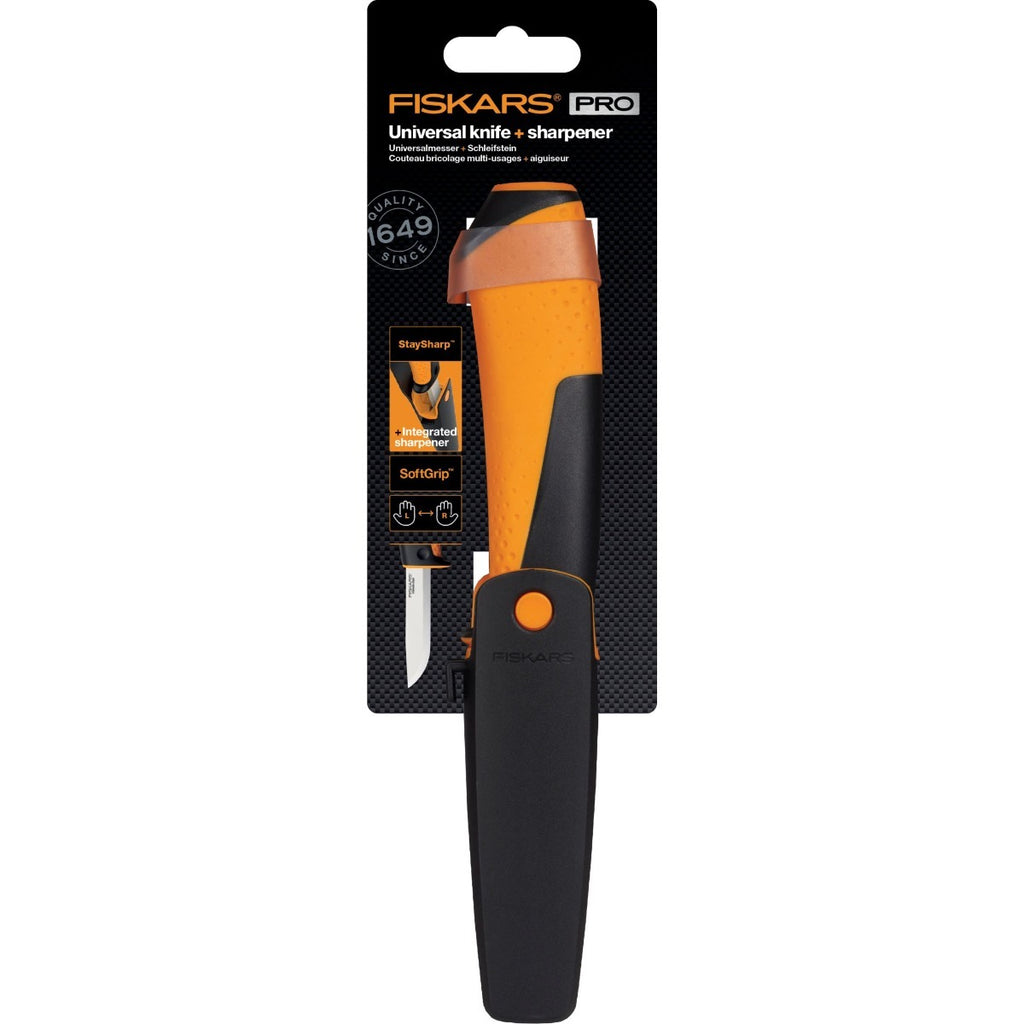 Универсален нож с вградено точило в канията Fiskars Pro, стоманено острие и ергономична дръжка за прецизни разрези