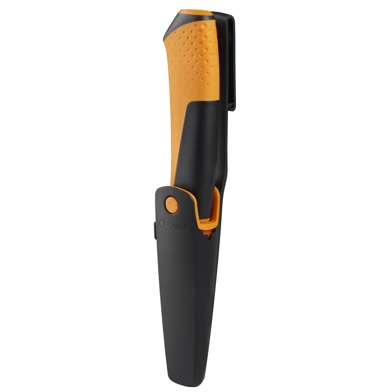 Alt Tag: Универсален нож с вградено точило в канията Fiskars с черно-оранжева дръжка и интегрирано точило за лесно заточване