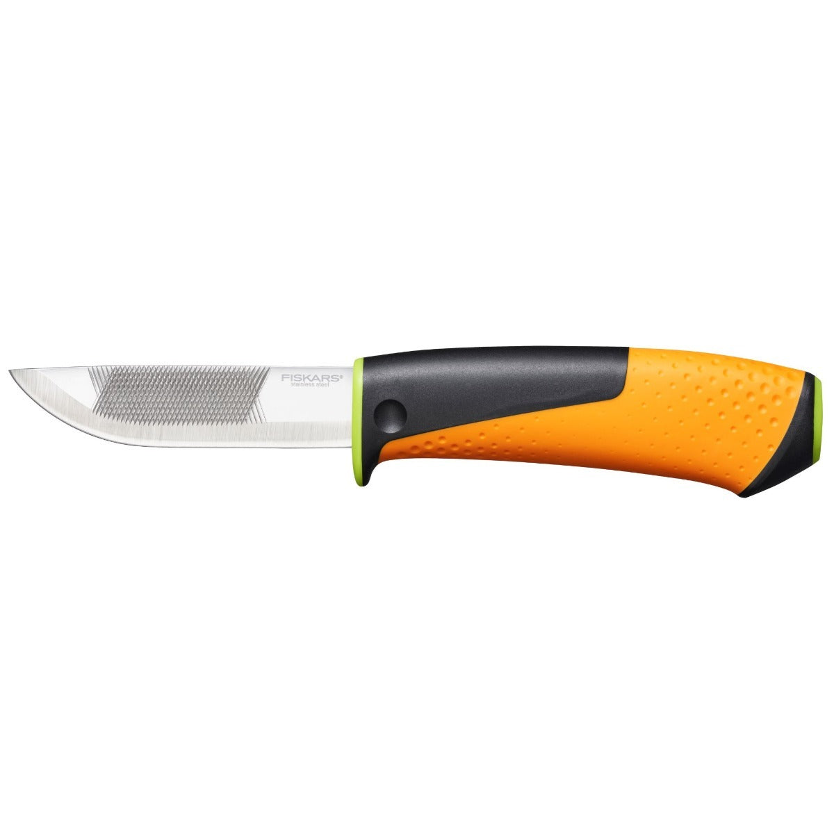 Нож с пила и вградено точило в канията Fiskars с оранжева ергономична дръжка и стоманено острие
