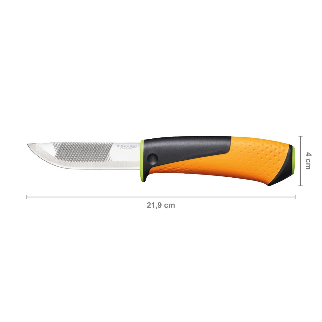 Нож с пила и вградено точило в канията Fiskars, професионален ергономичен оранжево-черен дръжка, 21.9 см обща дължина