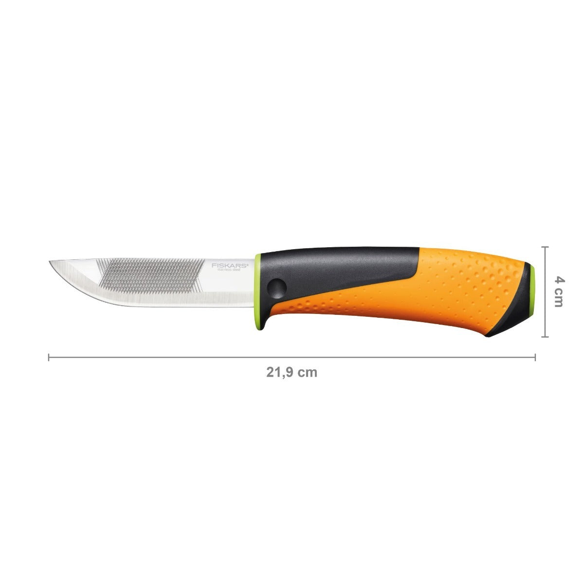 Нож с пила и вградено точило в канията Fiskars, професионален ергономичен оранжево-черен дръжка, 21.9 см обща дължина