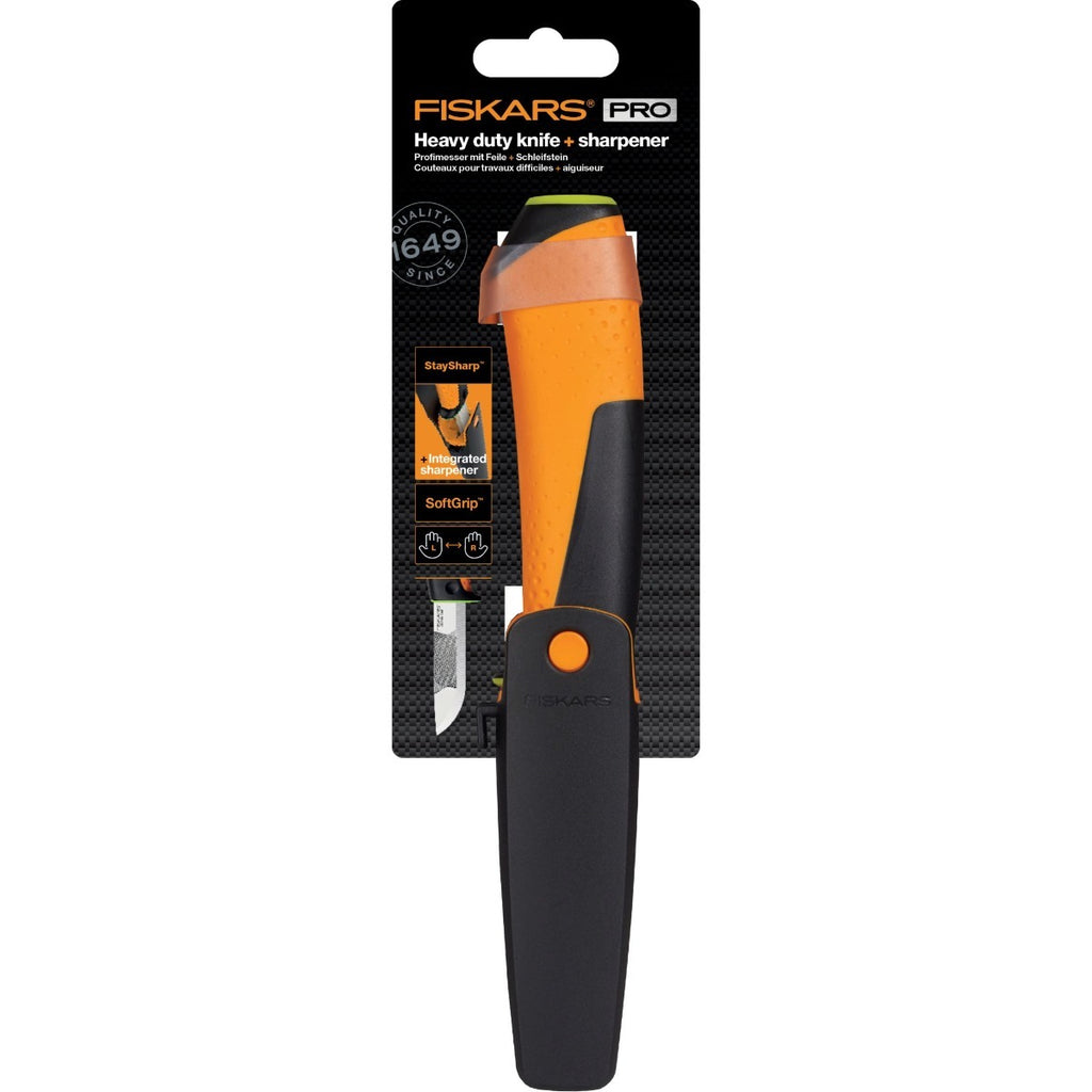 Нож с пила и вградено точило в канията Fiskars Pro с ергономична дръжка и вградено точило за професионална употреба