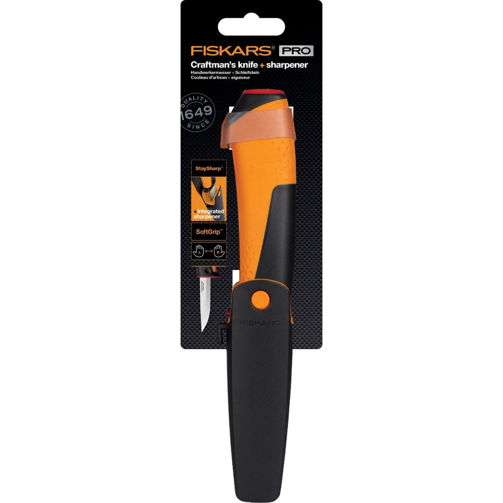 Занаятчийски нож с вградено точило в канията Fiskars Pro с оранжева дръжка и черна кания за прецизни рязове