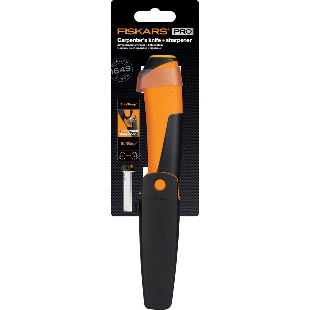 Дърводелски нож с длето и вградено точило в канията Fiskars Pro с оранжева дръжка и вграден заточващ елемент