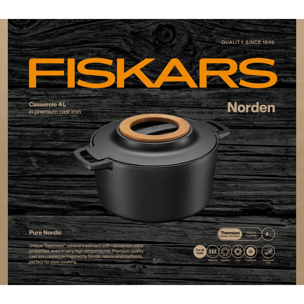 Чугунен съд за печене Fiskars Norden 4 литра - черен чугунен съд с капак и дървена дръжка, Thermium незалепващо покритие
