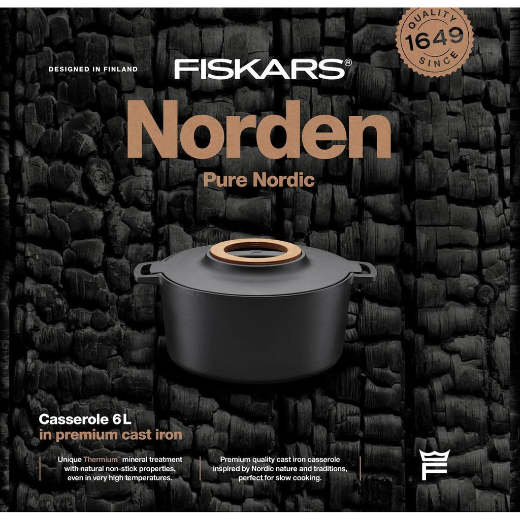Чугунена касерола Fiskars Norden, 6 литра с капак, Thermium™ незалепващо покритие и елегантен скандинавски дизайн