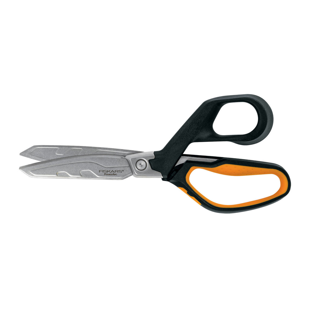 Професионална ножица за изолационни материали с подсилен механизъм Fiskars PRO PowerArc, 21 см - черно-оранжева с извити неръждаеми остриета