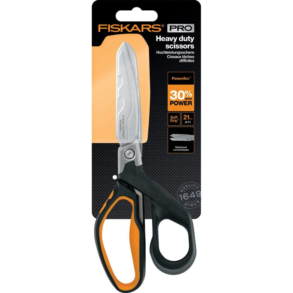 Професионална ножица за изолационни материали с подсилен механизъм Fiskars PRO PowerArc, 21 см - метални назъбени остриета и ергономични дръжки
