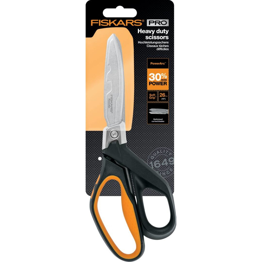Професионална ножица за изолационни материали с подсилен механизъм Fiskars PRO PowerArc, 26 см - черно-оранжева професионална ножица в опаковка