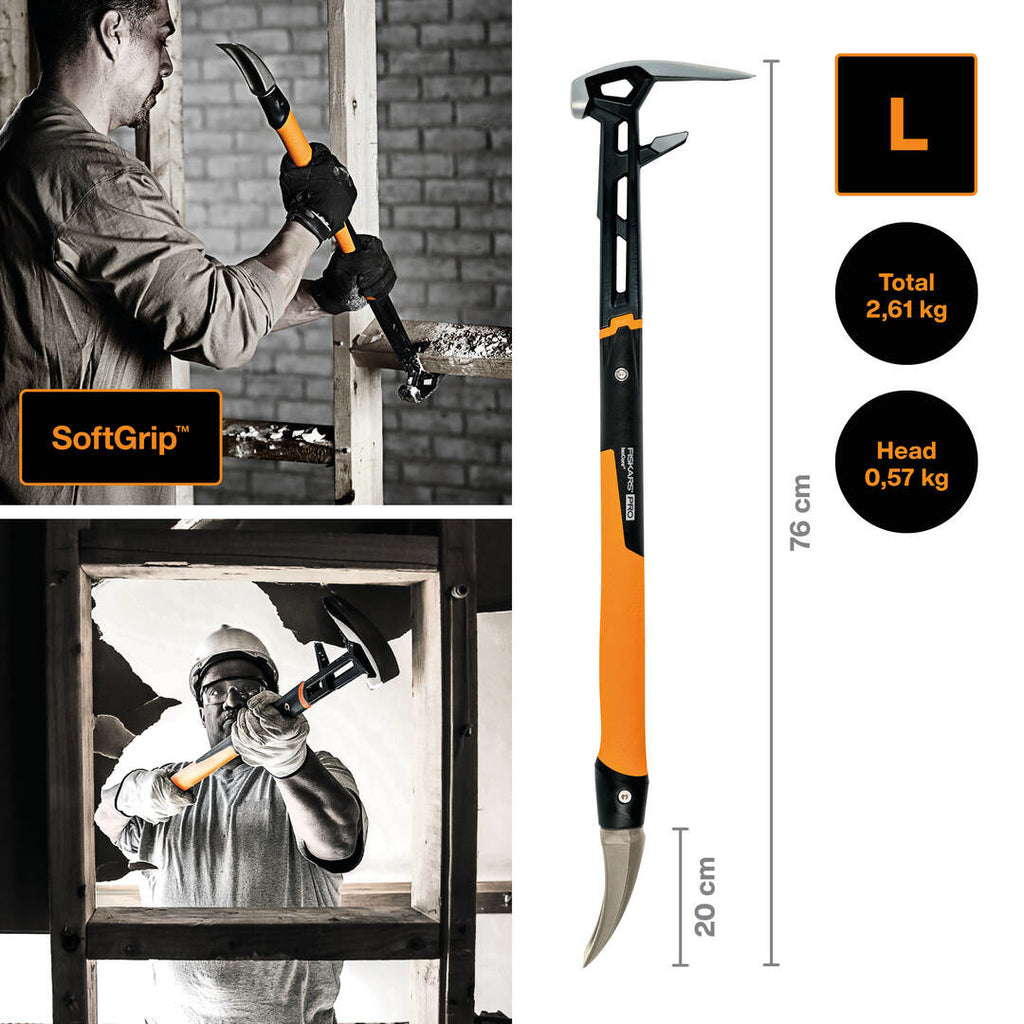 Чук за разбиване и къртене Fiskars IsoCore™ 2.61 kg размер L - демонстрация на инструмент с IsoCore™ система, двуслойна дръжка и SoftGrip за къртене