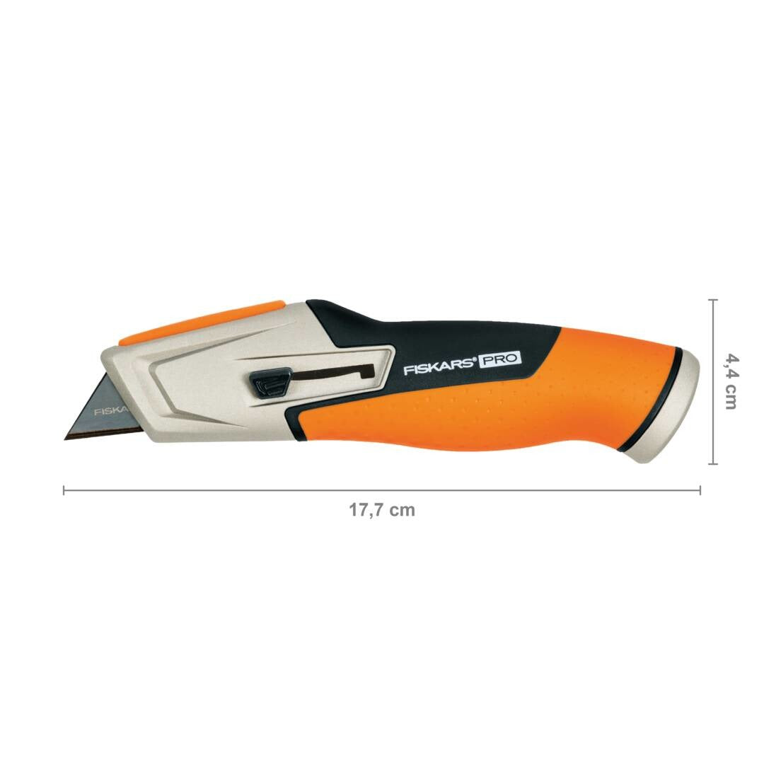 Макетен нож с прибиращо се острие Fiskars Pro CarbonMax™ с ергономична дръжка и заключващ механизъм, измерения 17,7 cm x 4,4 cm