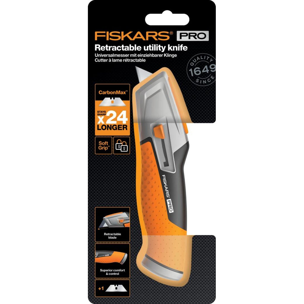 Макетен нож с прибиращо се острие Fiskars Pro CarbonMax™ в опаковка, оранжева дръжка с CarbonMax острие и заключващ механизъм
