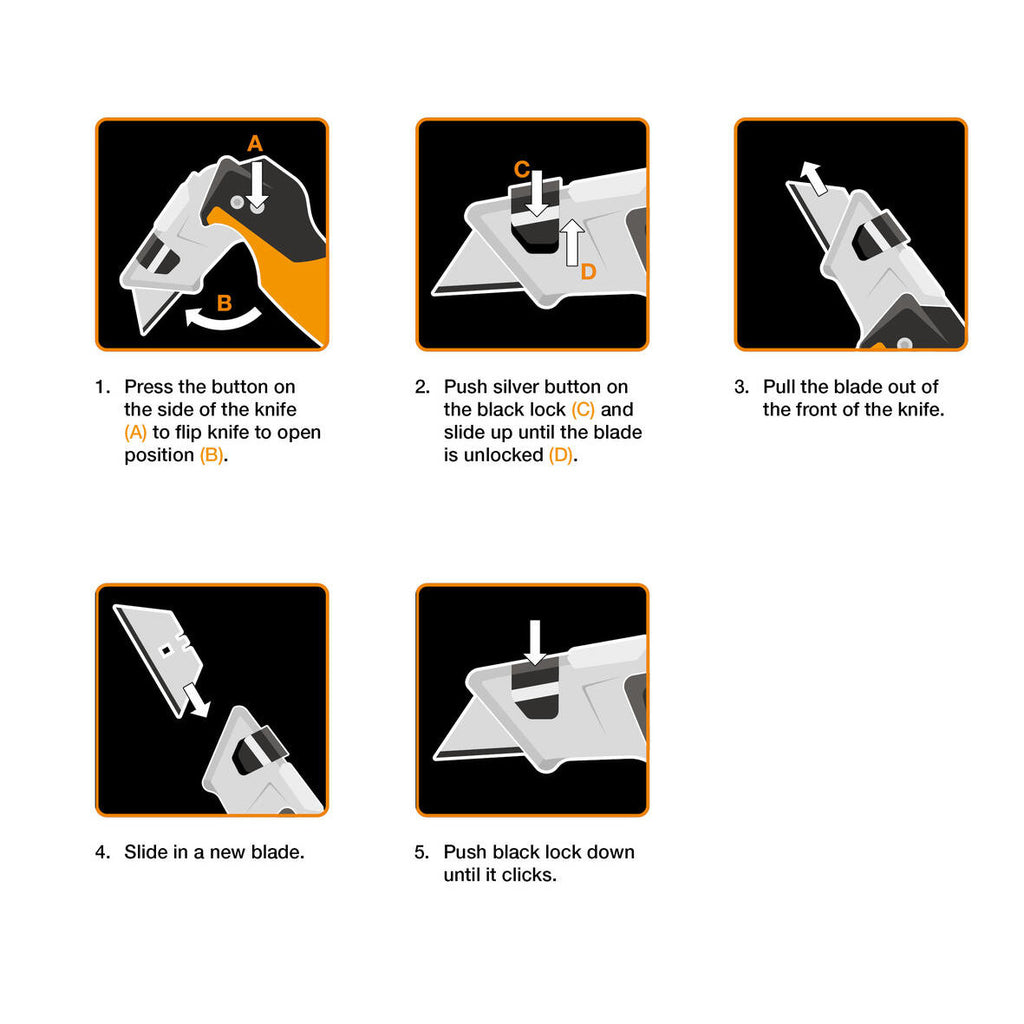 Сгъваем макетен нож Fiskars Pro CarbonMax™ 1027224 показва инструкции за безопасна смяна и заключване на острието