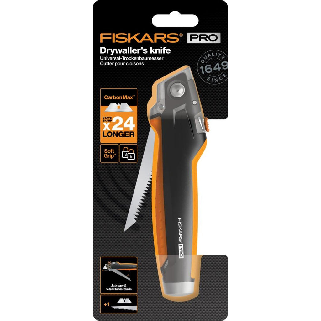 Макетен нож за гипсокартон CarbonMax™ 1027226 - Fiskars Pro с трион и универсално острие, заключващ механизъм и ергономична мека дръжка