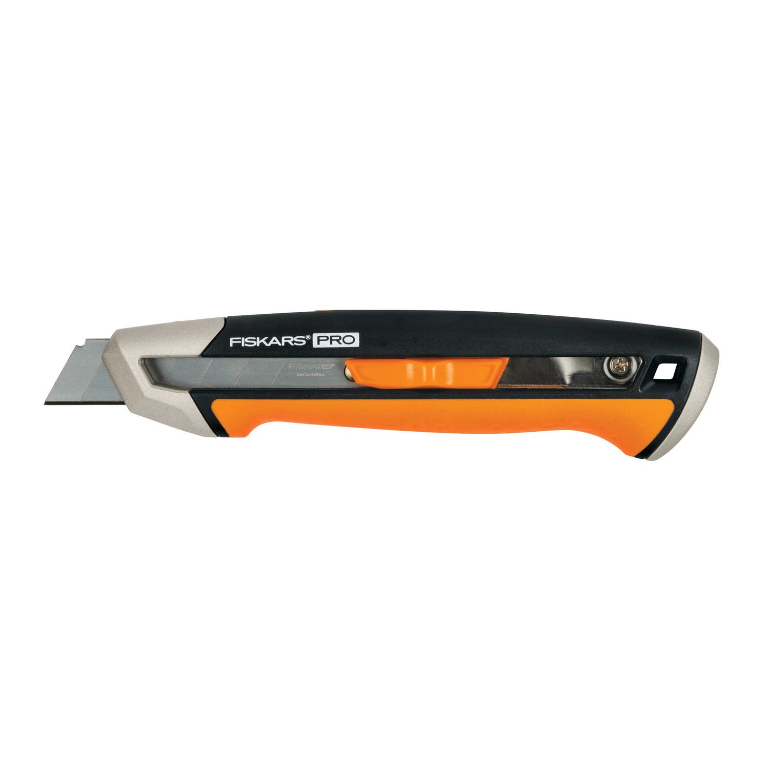 Универсален макетен нож CarbonMax™ 18 mm с подсилен метален корпус и бърза смяна на острието, оранжево-черен дизайн