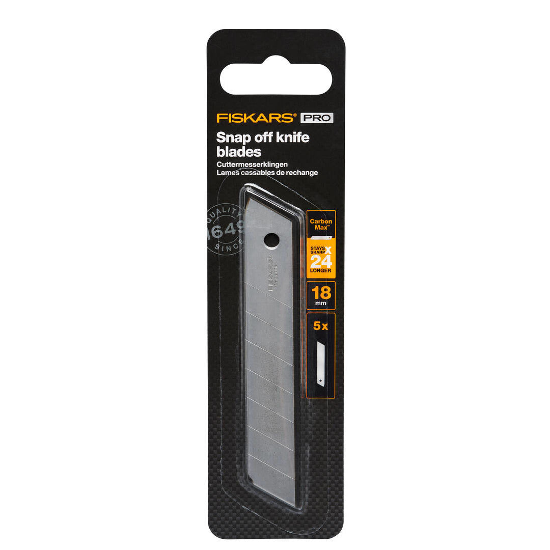 Резервни остриета CarbonMax™ 18 mm, 5 броя - опаковка с 5 резервни 18 мм остриета Fiskars CarbonMax™ за макетни ножове