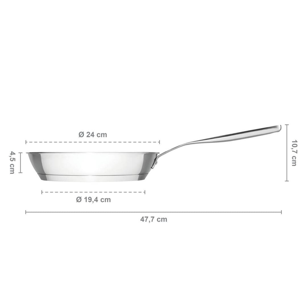 Тиган за пържене All Steel Pure, 24 см. – страничен профил с размери Ø24 см, височина 4.5 см и обща дължина 47.7 см