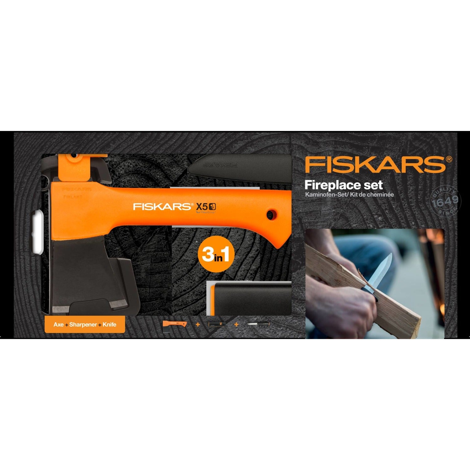 Подаръчен сет Fiskars: брадва за къмпинг X5, универсален нож K40 и точило XSharp™ - Nika.bg