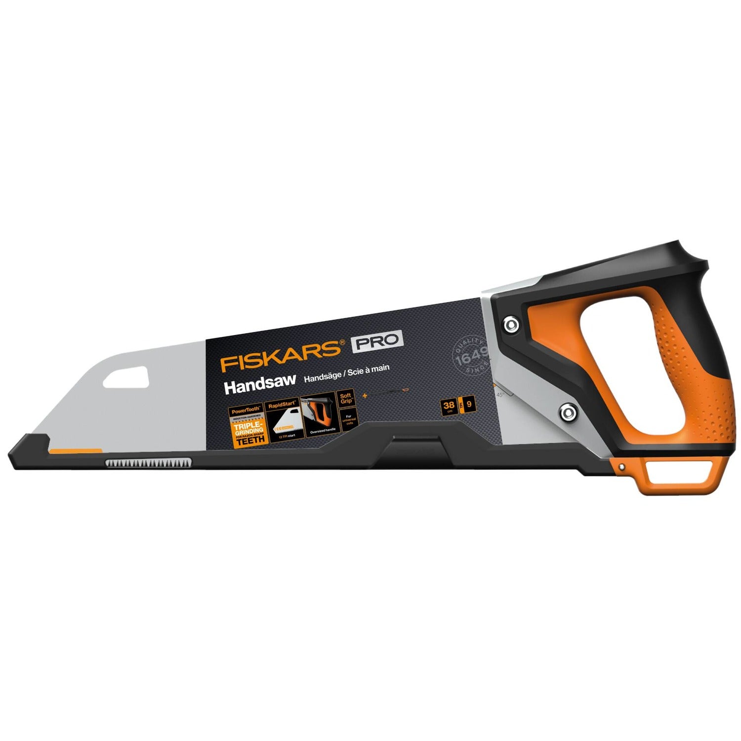 Трион Fiskars PRO PowerTooth (38 см, 9 TPI) — ръчен трион с ергономична дръжка, трипластово заточено острие и индукционно втвърдени зъбци
