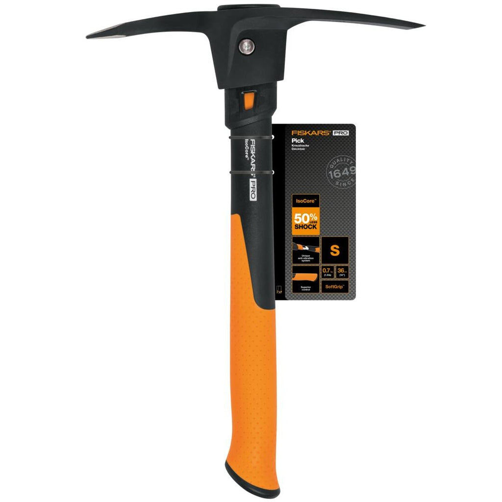 Кирка Fiskars Pro IsoCore™, размер S с ударопоглъщаща дръжка и черно-оранжев дизайн