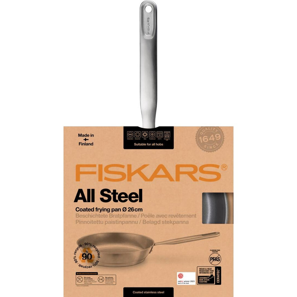 Тиган за пържене Fiskars All Steel с незалепващо керамично покритие, 26 см. - продукт в опаковка, неръждаема стомана и дълга дръжка