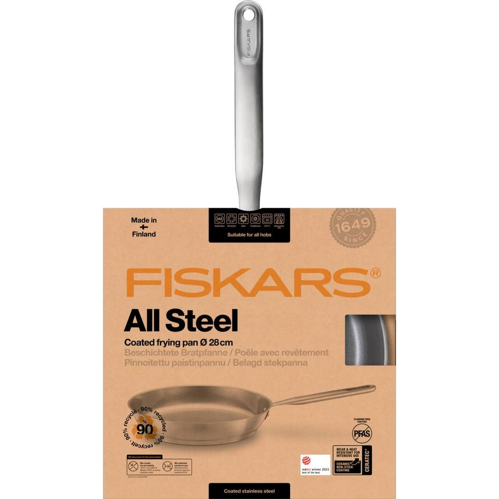 Тиган за пържене Fiskars All Steel с незалепващо керамично покритие, 28 см. – неръждаема стомана, дълга дръжка, кутия на опаковката