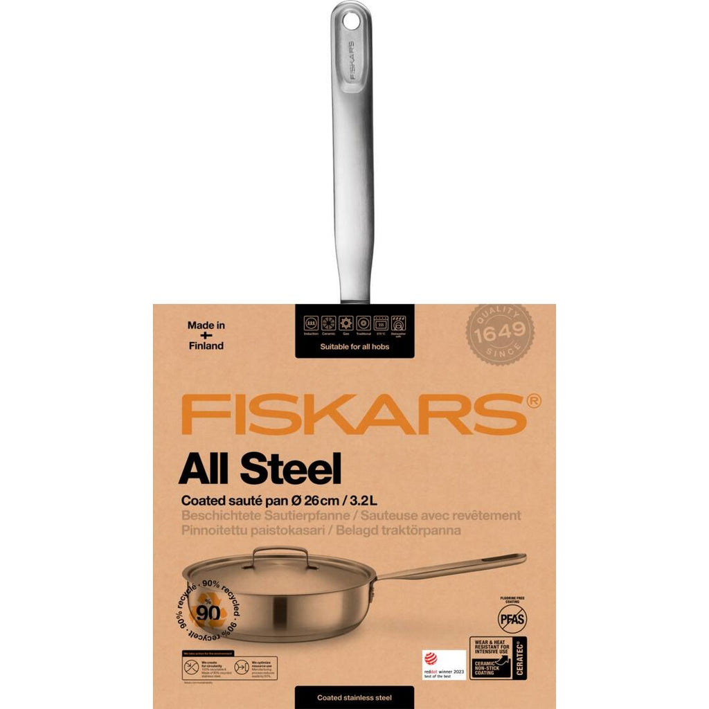 Тиган за сотиране Fiskars All Steel с капак и незалепващо керамично покритие, 26см - неръждаема стомана, керамично Ceratec покритие и капак