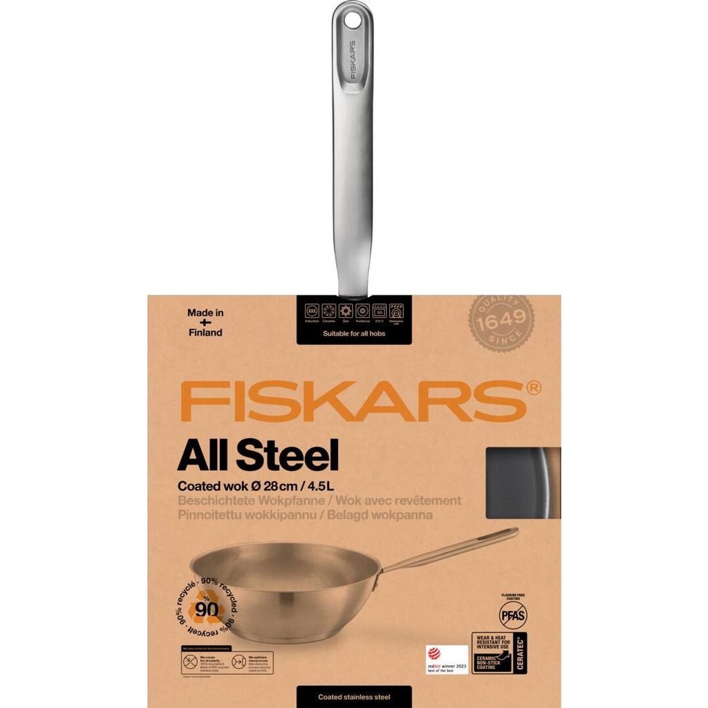 Уок тиган Fiskars All Steel с незалепващо керамично покритие, 28см - неръждаема стомана, плоско дъно и дълга дръжка