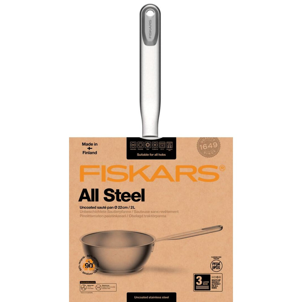 Тиган за сотиране Fiskars All Steel, 20 см. - неръждаем стоманен тиган с дръжка и трислойна основа, вътрешна мерителна скала