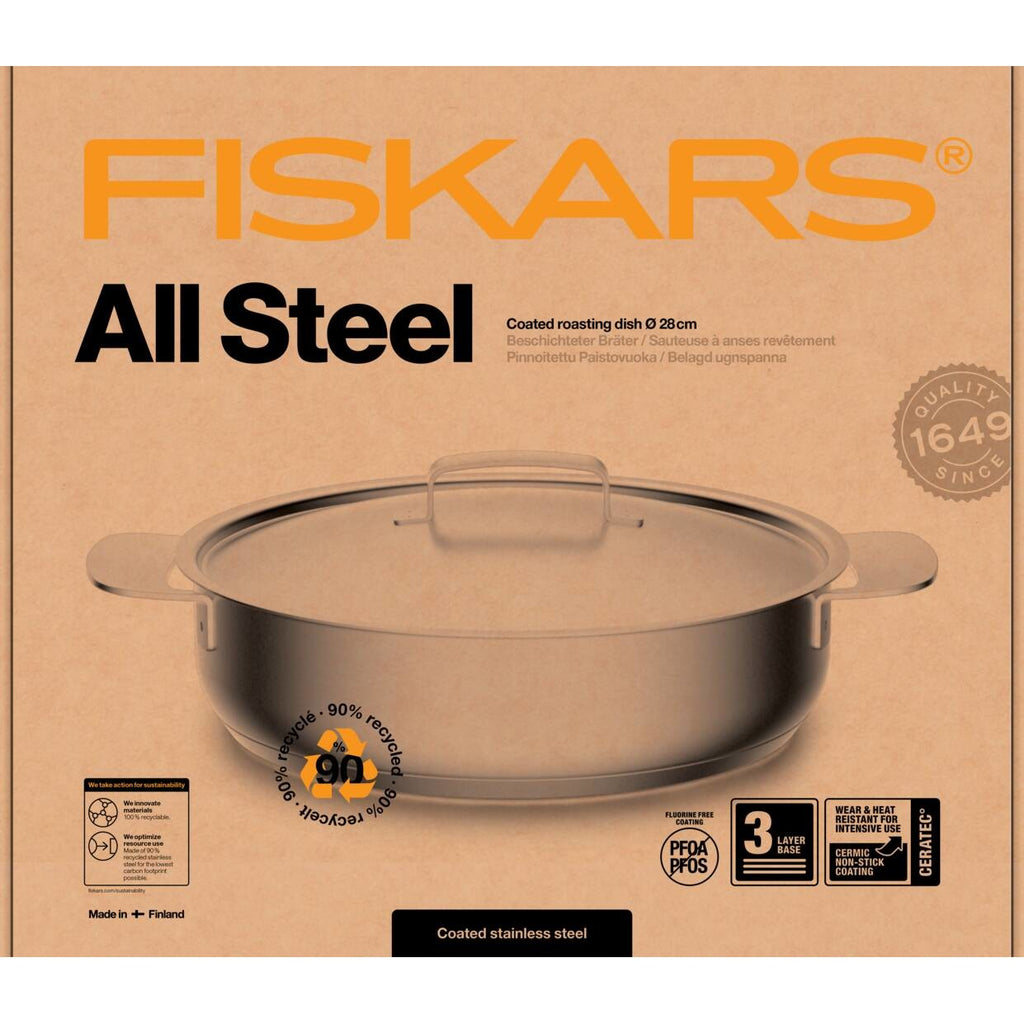 Съд за печене Fiskars All Steel с незалепващо керамично покритие, 28 см. – неръждаема стомана с капак и двойни дръжки