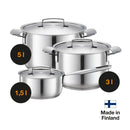 Тенджера Fiskars All Steel, 5.0 l от неръждаема стомана с капак и ергономични дръжки, вместимост 5 л, подходяща за индукция