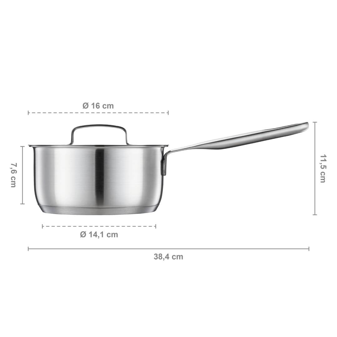 Касерола Fiskars All Steel, 1.5 литра - неръждаема стомана с капак, дълга дръжка и размери Ø16cm, височина 7.6cm, дължина 38.4cm