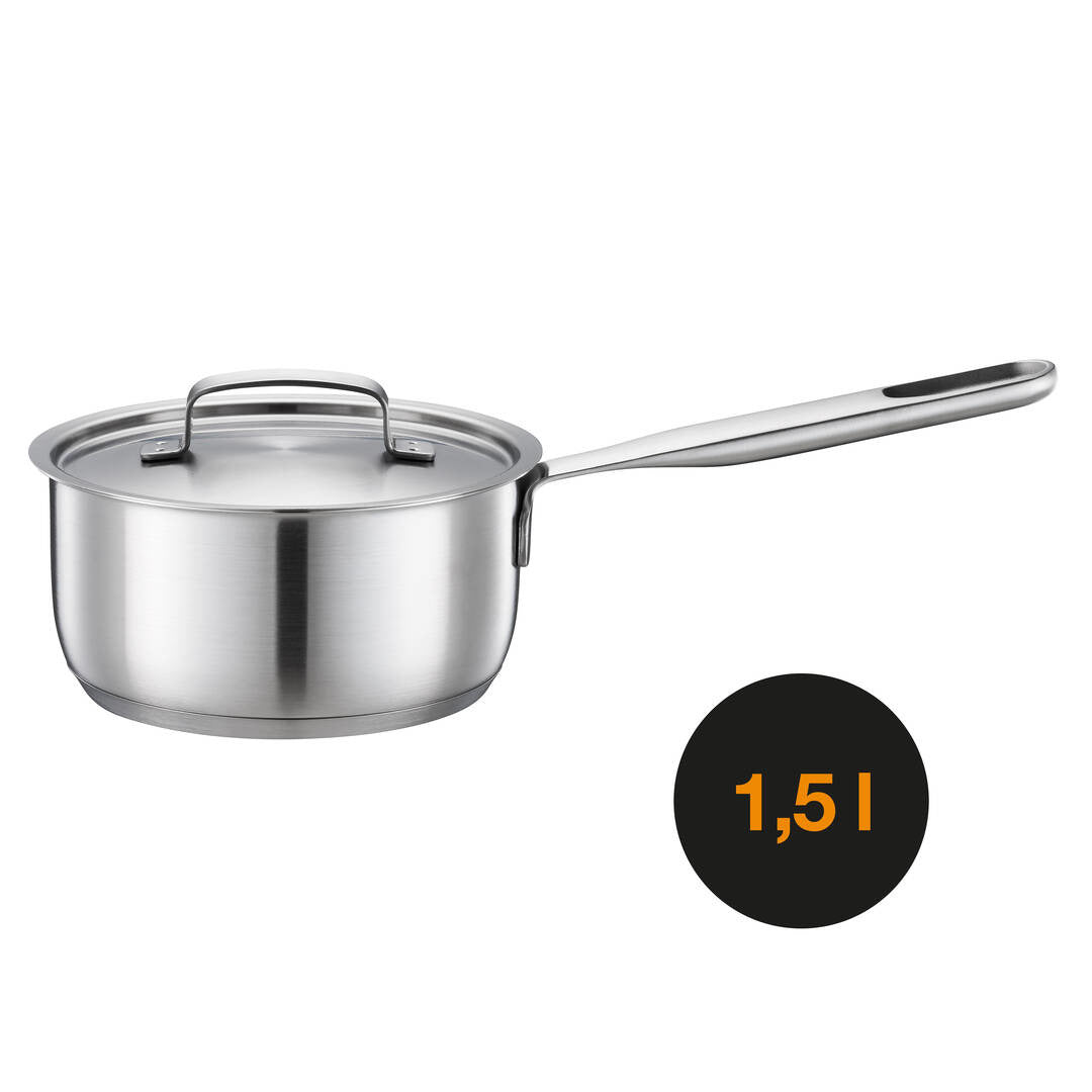 Касерола Fiskars All Steel, 1.5 литра от неръждаема стомана с капак и дълга дръжка, подходяща за всички котлони