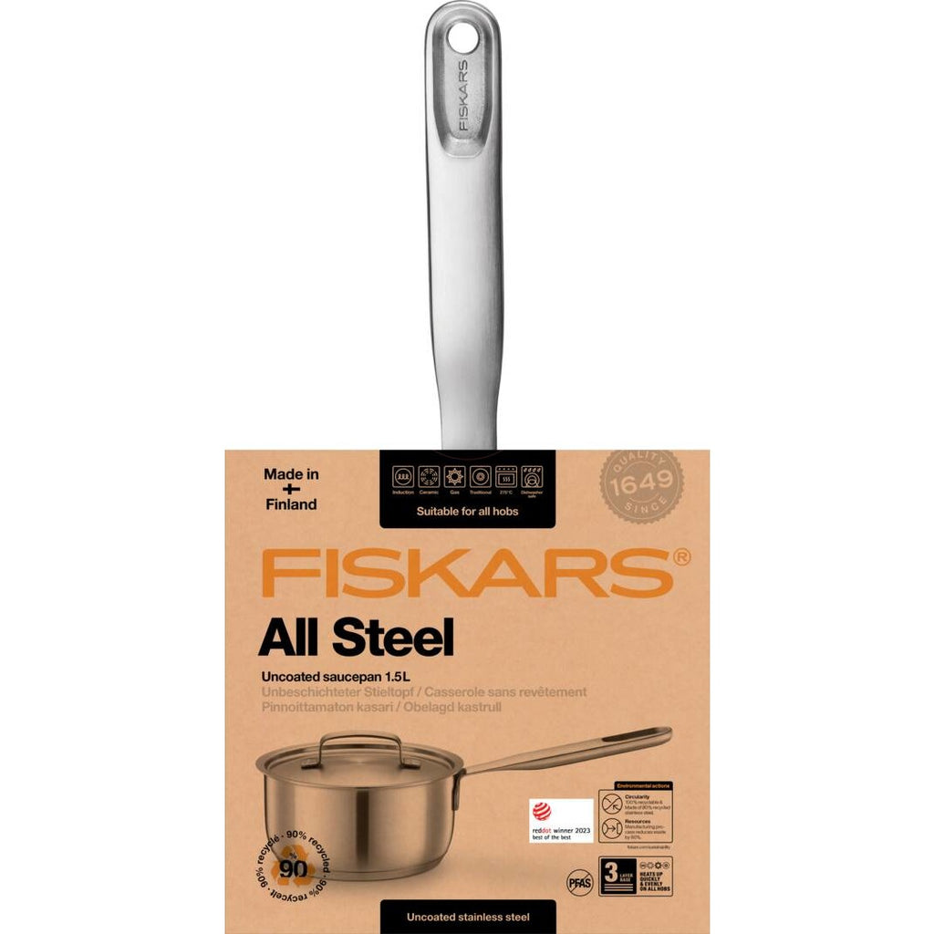 Касерола Fiskars All Steel, 1.5 литра – неръждаема стомана с дълга дръжка и капак, подходяща за всички котлони и фурна