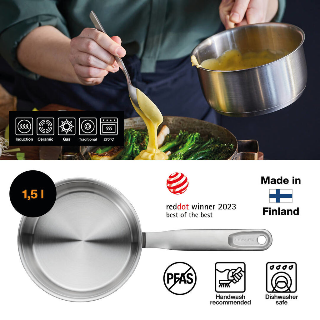 Касерола Fiskars All Steel, 1.5 литра - неръждаема стомана с капак, дълга дръжка, подходяща за всички котлони и фурна