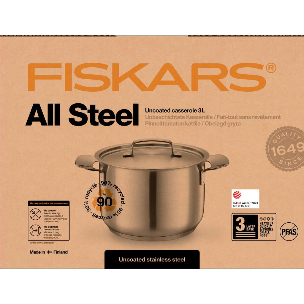 Тенджера Fiskars All Steel, 3.0 литра от неръждаема стомана с капак и ергономични дръжки, подходяща за индукция