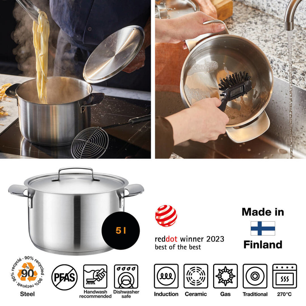Тенджера Fiskars All Steel, 5.0 l - голяма неръждаема стоманена тенджера с капак и ергономични дръжки, подходяща за индукция