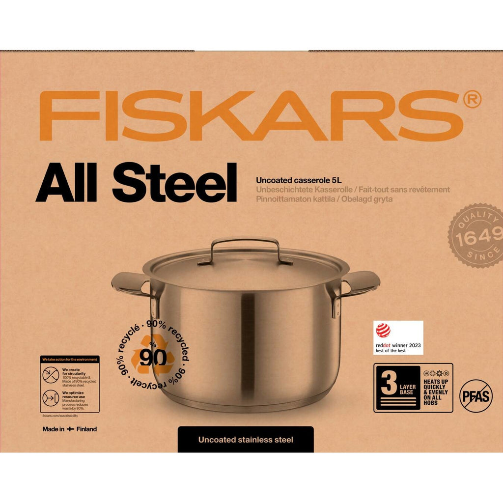 Тенджера Fiskars All Steel, 5.0 l с капак и ергономични дръжки, неръждаема стомана, подходяща за индукционни котлони