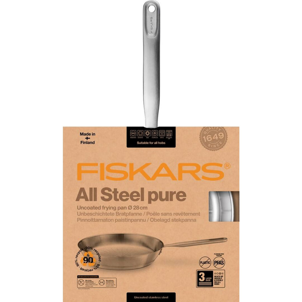 Тиган за пържене All Steel Pure, 28см от неръждаема стомана Fiskars с гравирано дъно и класическа дръжка