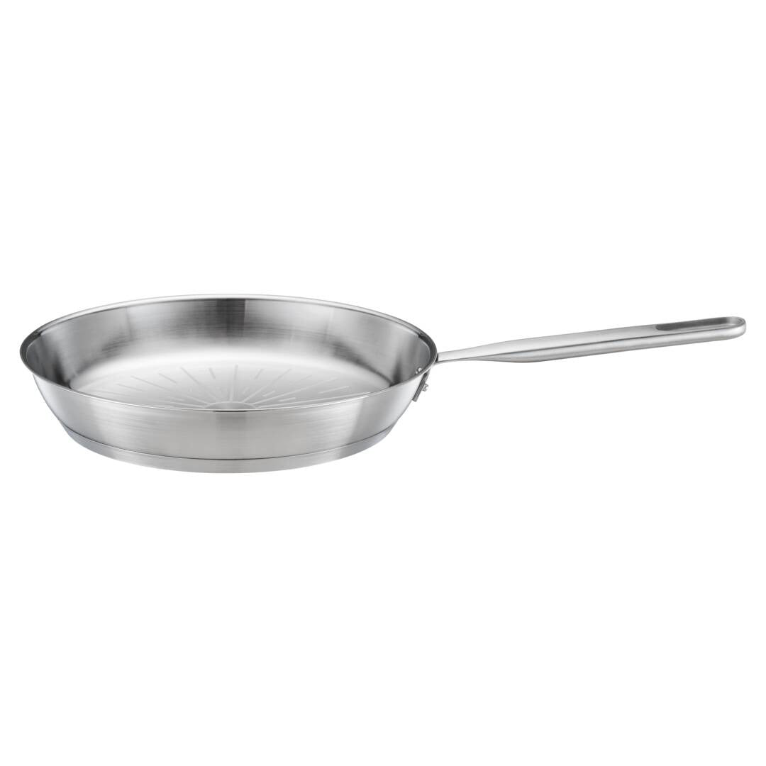 Тиган за пържене All Steel Pure, 28см от неръждаема стомана с гравирано дъно и дълга дръжка, класически дизайн за равномерно пържене