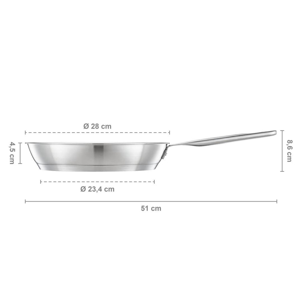 Тиган за пържене All Steel Pure, 28см – неръждаема стомана, страничен профил с размери и дръжка