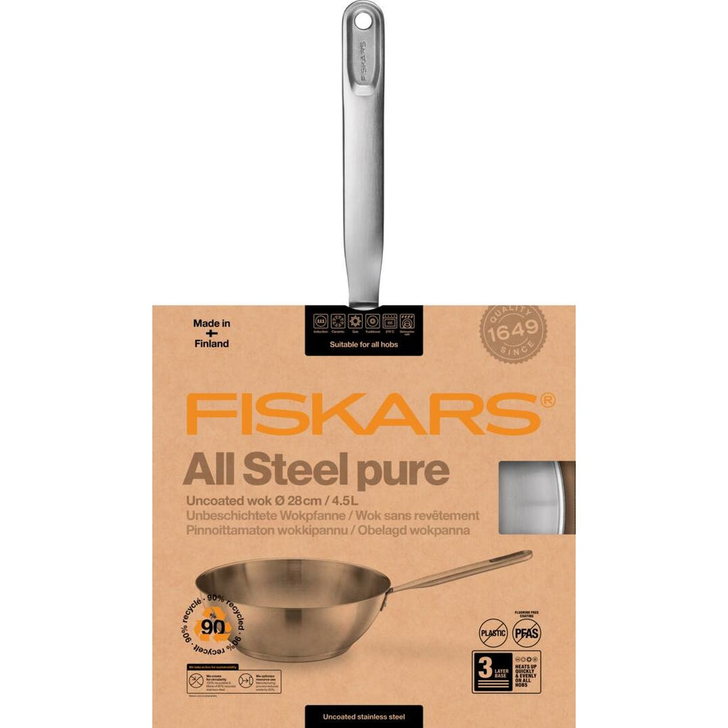 Уок тиган All Steel Pure, 28 см. от неръждаема стомана с дълбоки стени и дълга дръжка - опаковка Fiskars