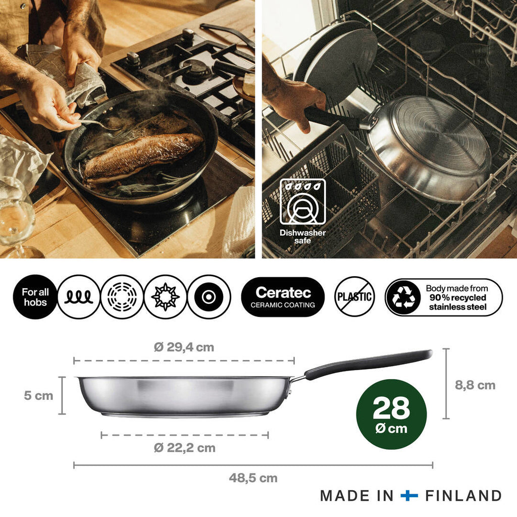 Тиган за пържене Fiskars Functional Form с незалепващо керамично покритие 28 см. - 28 см неръждаем тиган с Ceratec покритие, подходящ за всички котлони и миялна