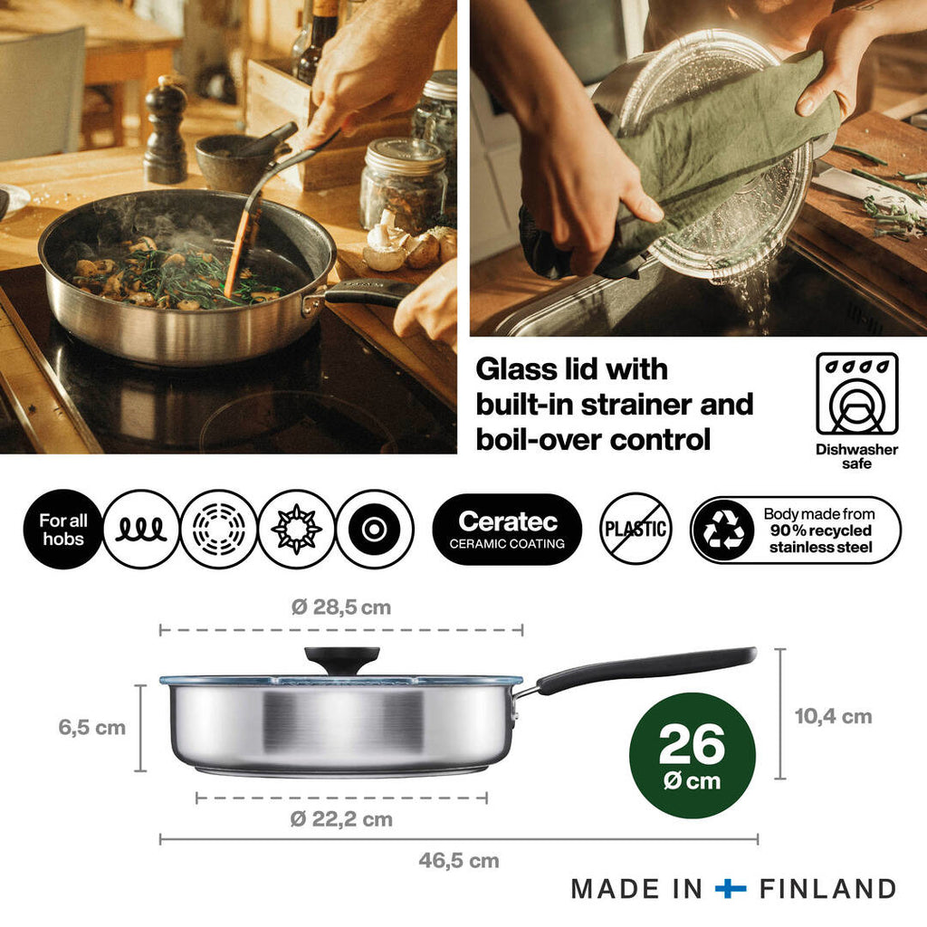 Тиган за сотиране Fiskars Functional Form с незалепващо керамично покритие и капак 26 см. - 26 см, керамично Ceratec, стомана, подходящ за индукция